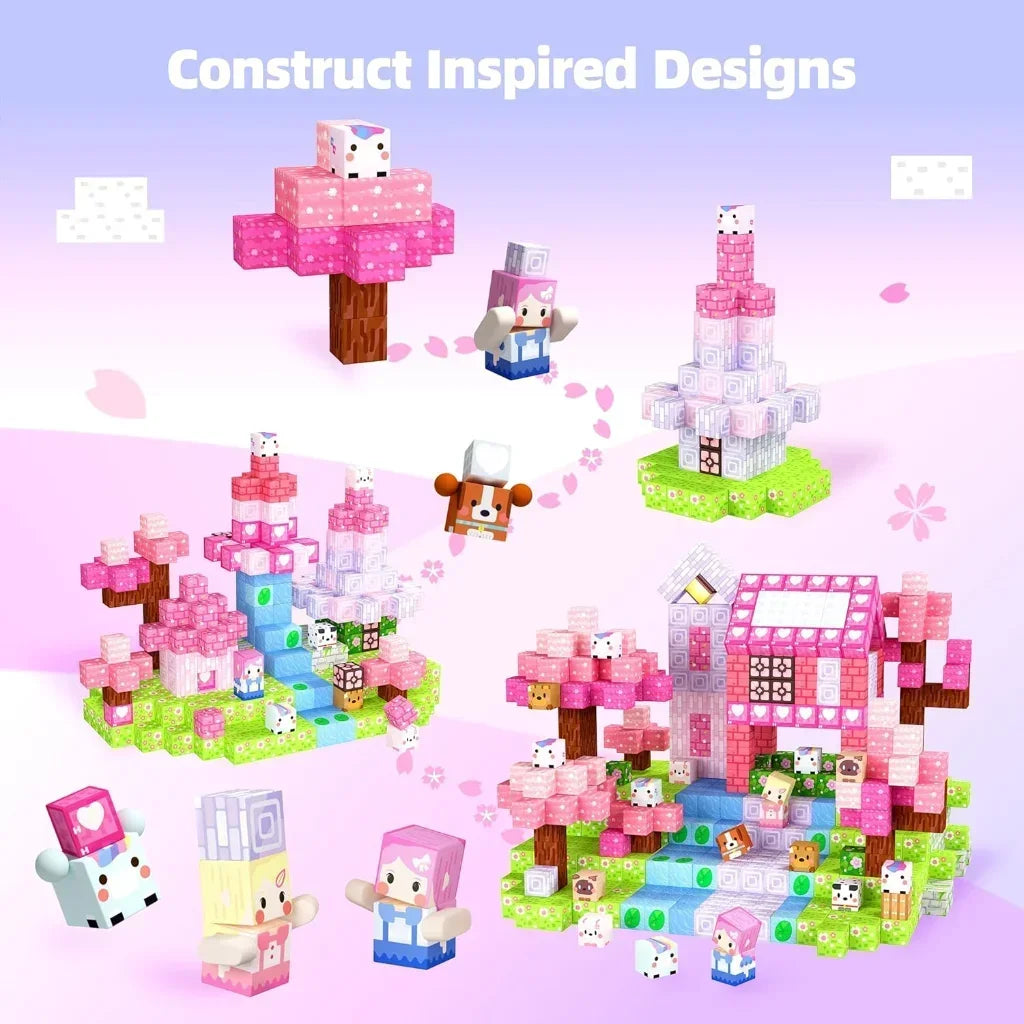 A collection of pink and purple magnetic building blocks and structures inspired by a castle theme.