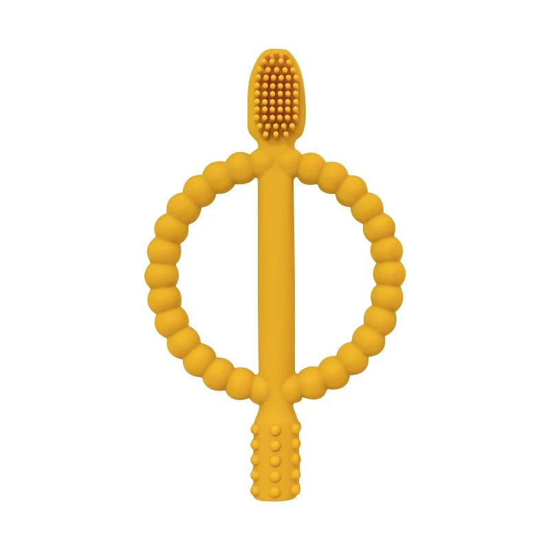 A yellow soft silicone baby teether with easy-grip handles.