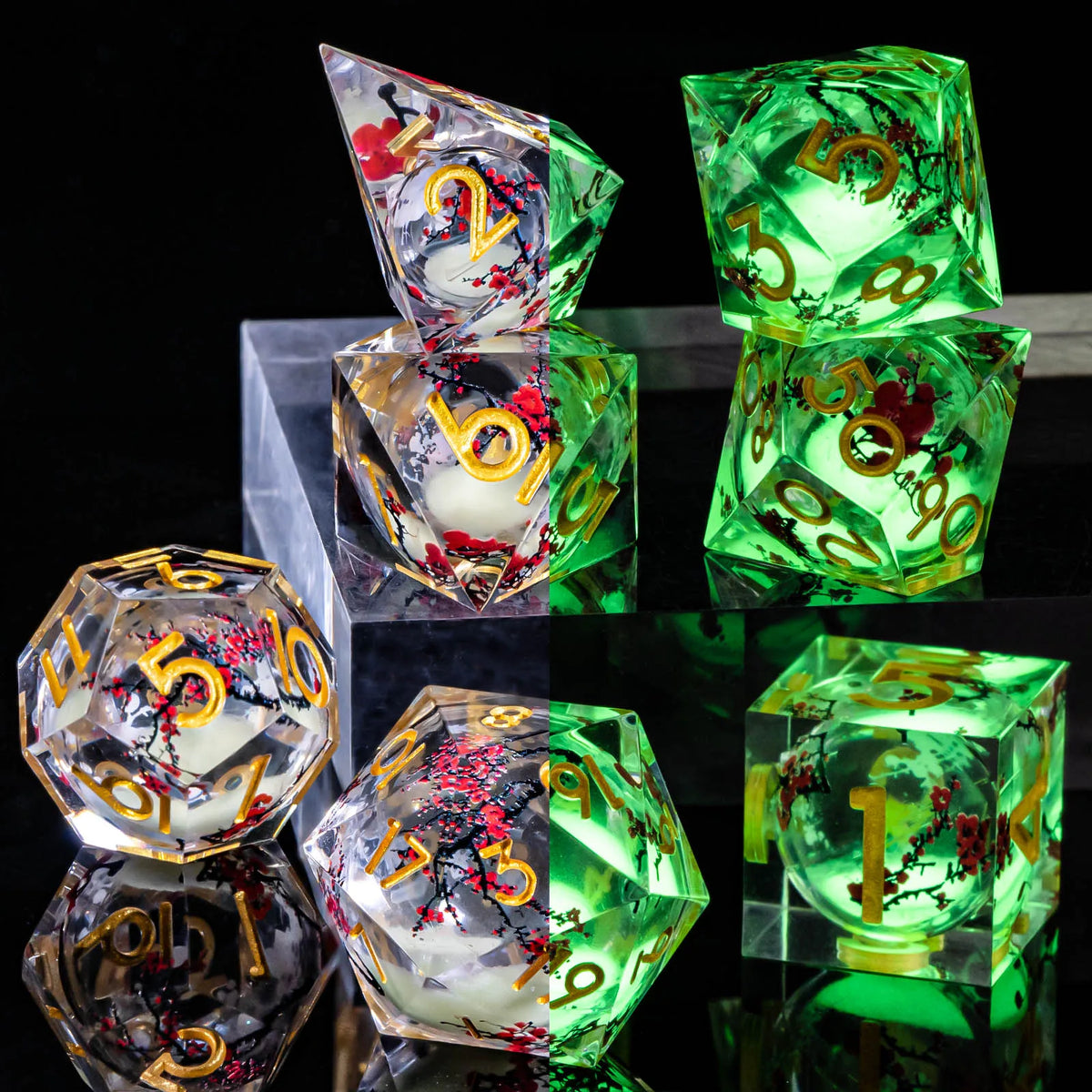 Liquid Core Glow D&D Dice Set with Sharp Edges