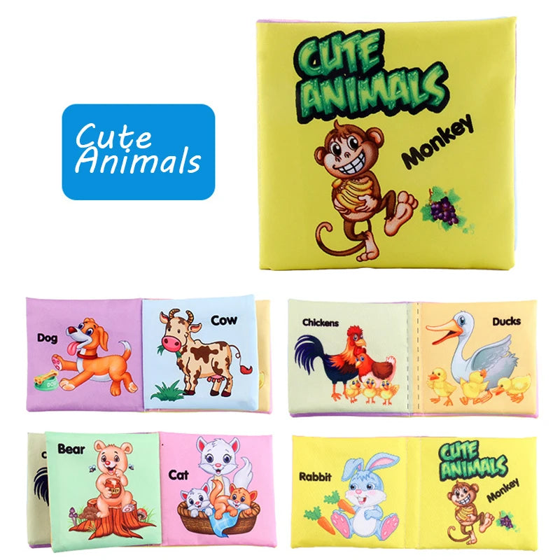 A set of soft cloth books featuring cute animals like monkeys, dogs, cows, chickens, ducks, bears, cats, and rabbits.