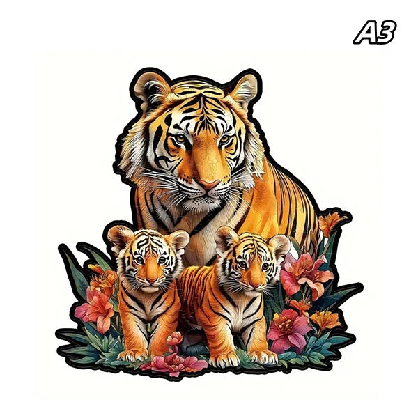 A detailed illustration of a tiger and its cub, featuring orange and black stripes against a natural background.