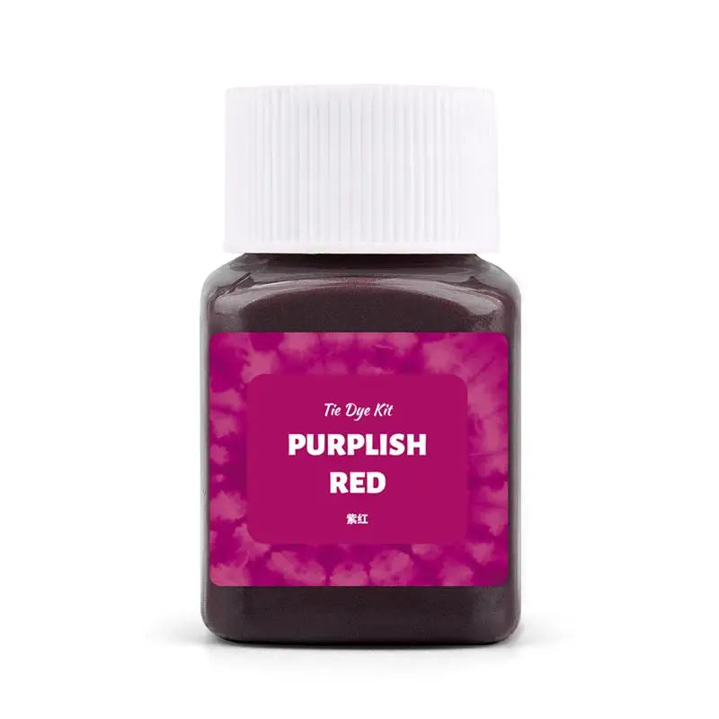 A dark purple textile fabric dye kit labeled Purplish Red in a glass bottle with a white cap.