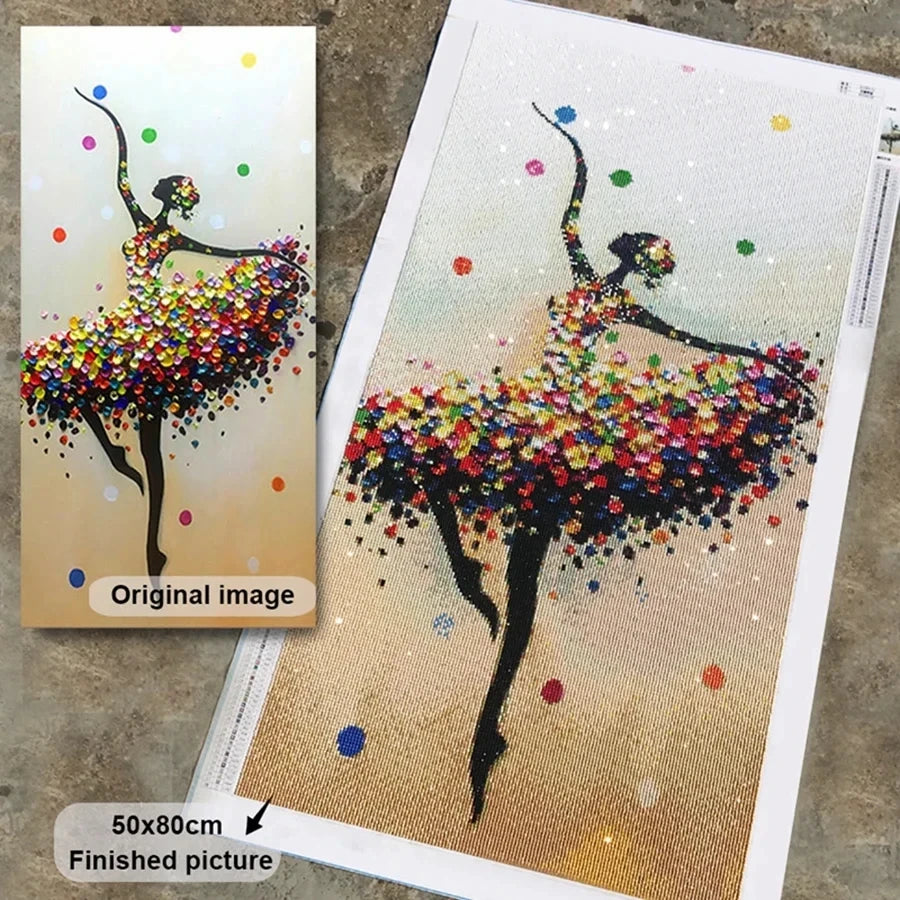 Finished diamond painting featuring a fairy in a colorful floral dress on a gold background
