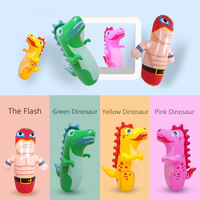 A set of inflatable dinosaur punching bag tumblers in pink, green, and yellow colors.