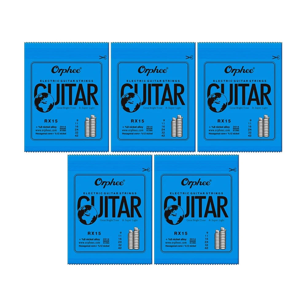 A set of Orphee electric guitar strings in blue packaging, showing various gauges and details.