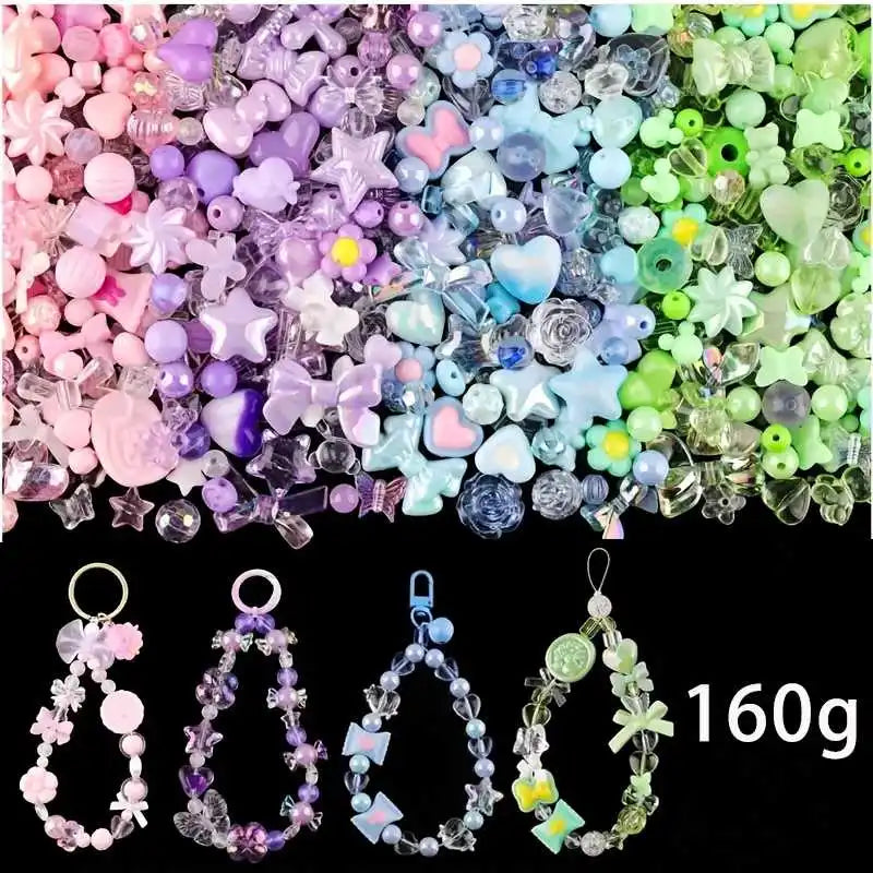 A colorful mix of acrylic beads in various shades of pink, purple, blue, and green for DIY jewelry making.