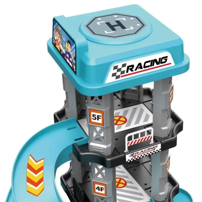 A multi-level race car track set featuring a parking garage structure with racing branding.