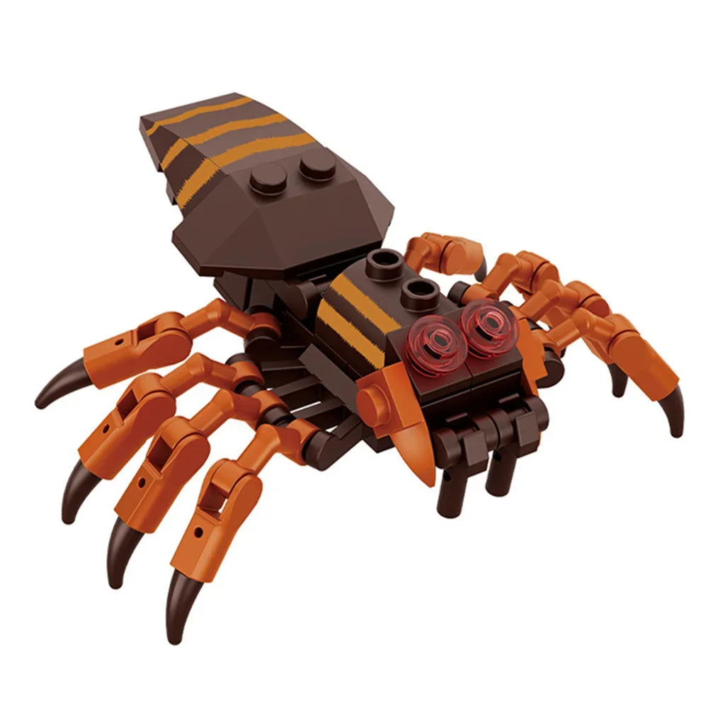 A dark brown insect building block set resembling a bee or ant with orange legs and segmented body parts.