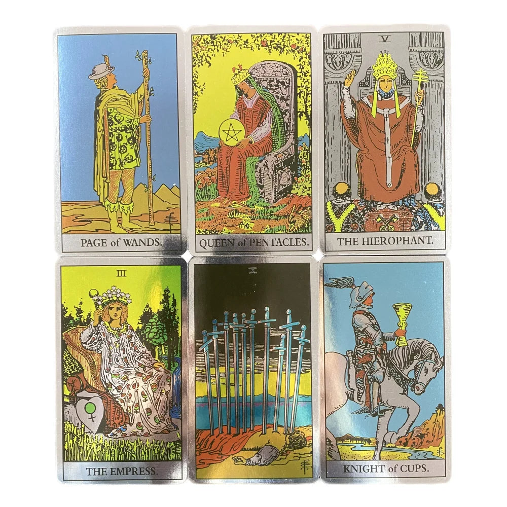 A collection of twelve holographic tarot cards featuring various figures like the Page of Wands, Queen of Pentacles, and The 