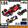 A red 1:64 scale RC drift car with lights and an adjustable speed system is shown next to its control device.