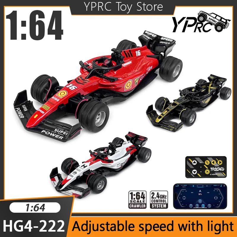 A red 1:64 scale RC drift car with lights and an adjustable speed system is shown next to its control device.
