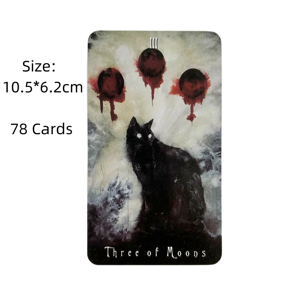 A tarot card featuring a black cat and three blood-like moons on a dark background.