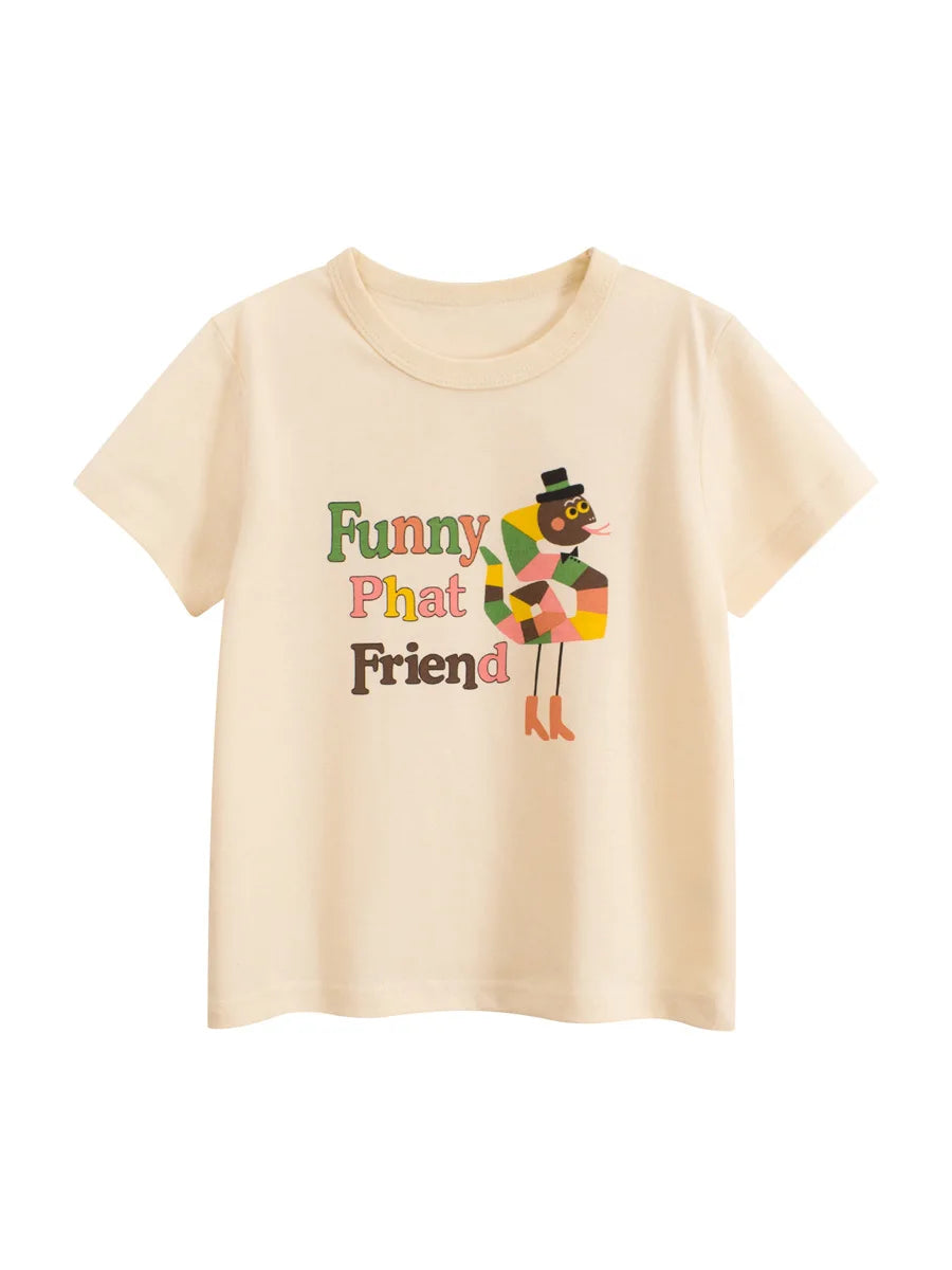 A light beige short-sleeve t-shirt featuring a colorful illustration of a black bird with a top hat and green and yellow acce