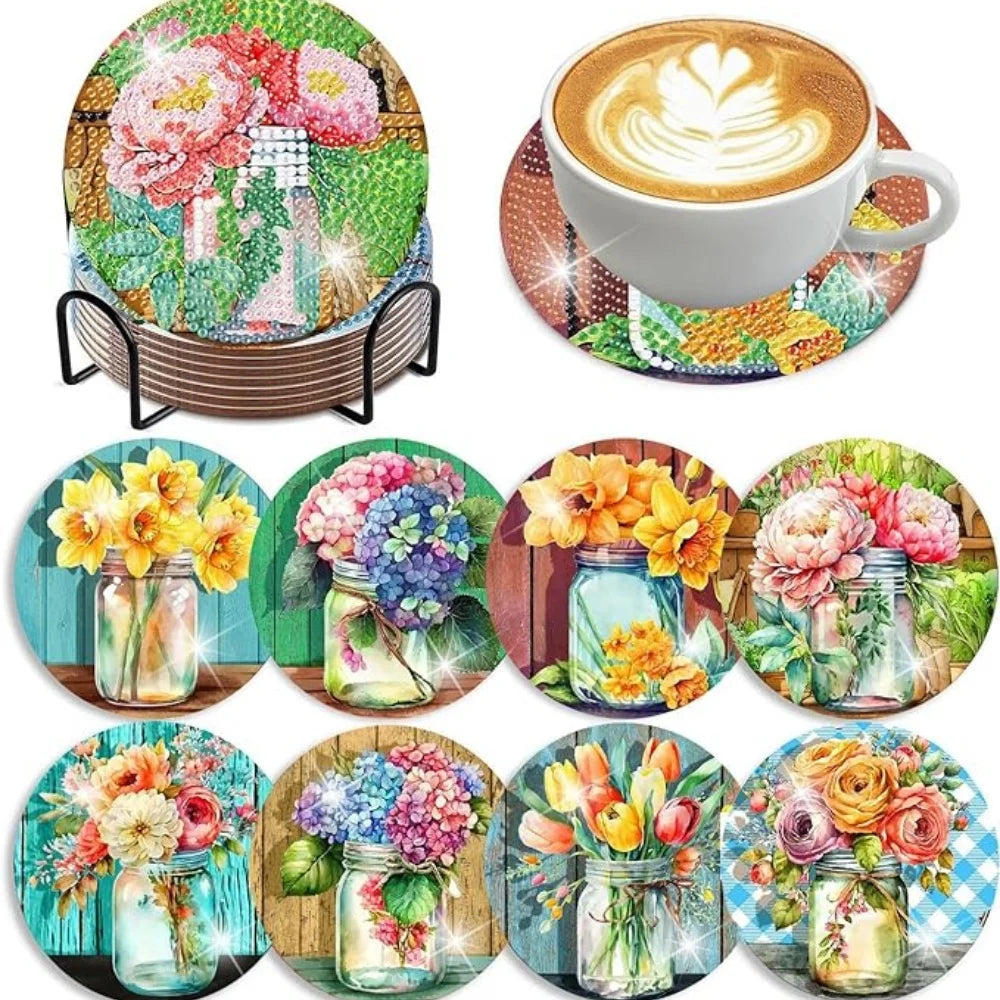 A set of floral diamond painting coasters featuring various flowers and greenery with metal holders.
