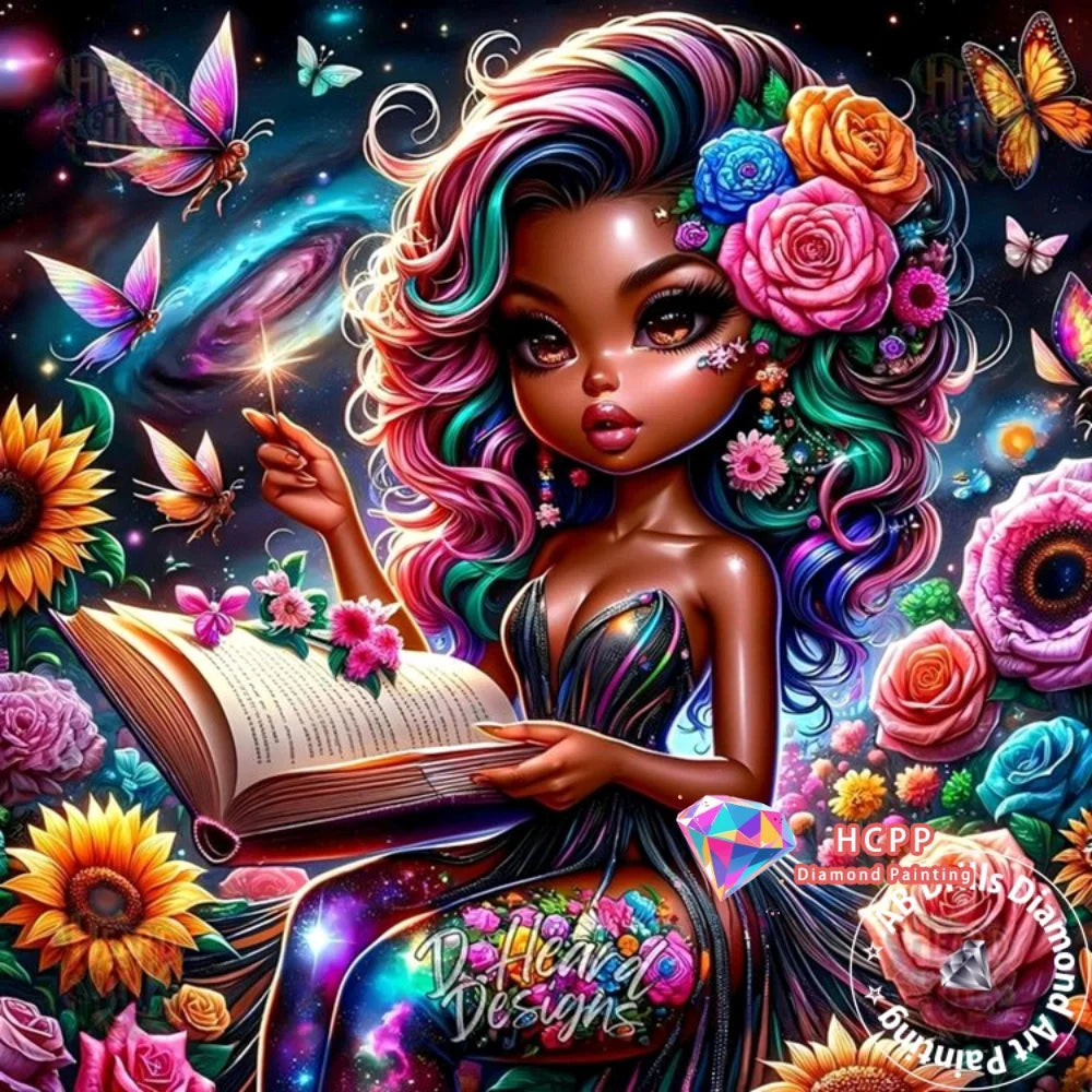 A vibrant illustration of a woman with flowing hair and flowers holding an open book, surrounded by sparkling gems.