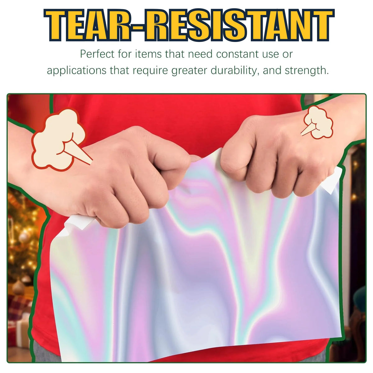 Hands are tearing holographic rainbow sticker paper for inkjet printers.
