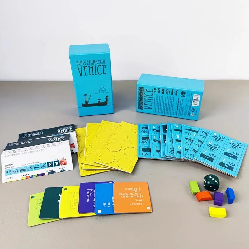 A collection of blue and yellow souvenir cards and game boxes for a board game night.