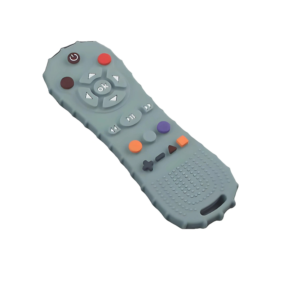 A gray silicone chew toy shaped like a remote control, featuring various buttons and a round piece.