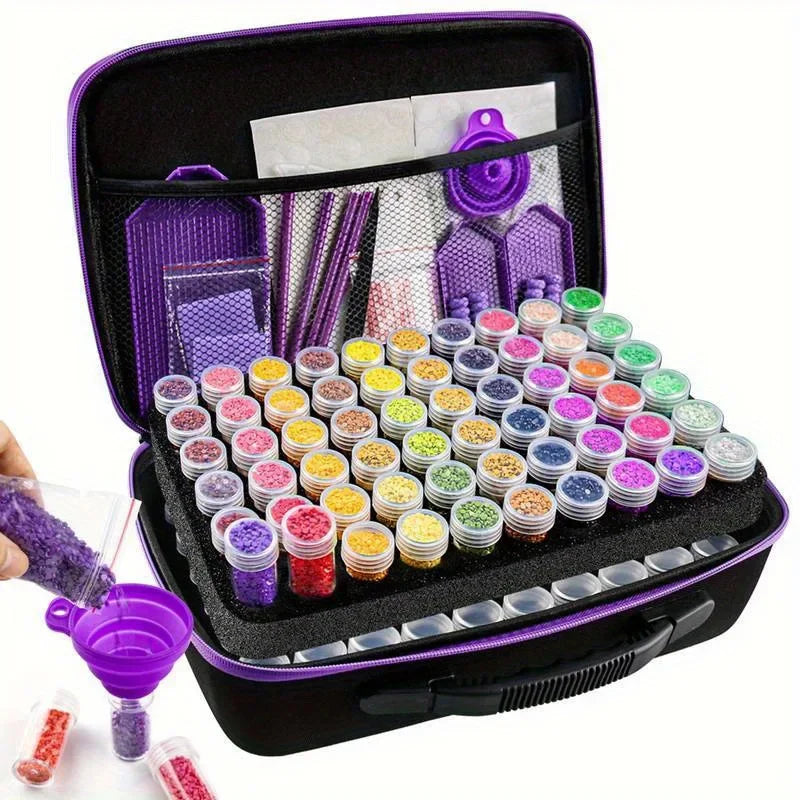 A purple diamond painting storage kit with various colored beads and accessories inside the organizer box.