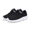 A pair of black and white breathable mesh kids' sneakers with hook-and-loop closure.