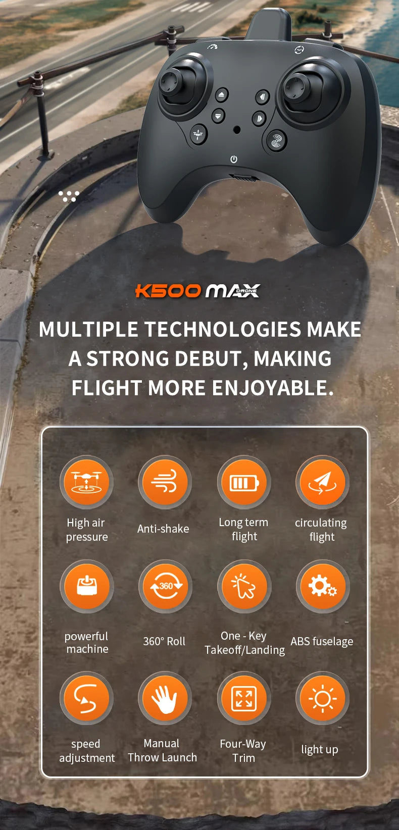 A black remote control aircraft is shown with various features listed, including high air pressure and long term flight capab