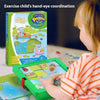 A child is playing a green animal park slide puzzle game with colorful plastic pieces.