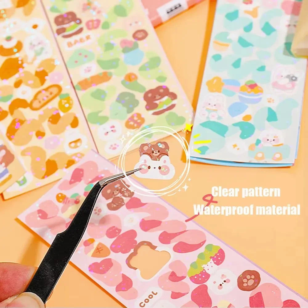 A hand uses a tool to lift a pink and green patterned sticker from a sheet of waterproof material.