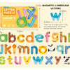A set of magnetic letters and numbers puzzle featuring alphabet letters and numbers in various colors and shapes.