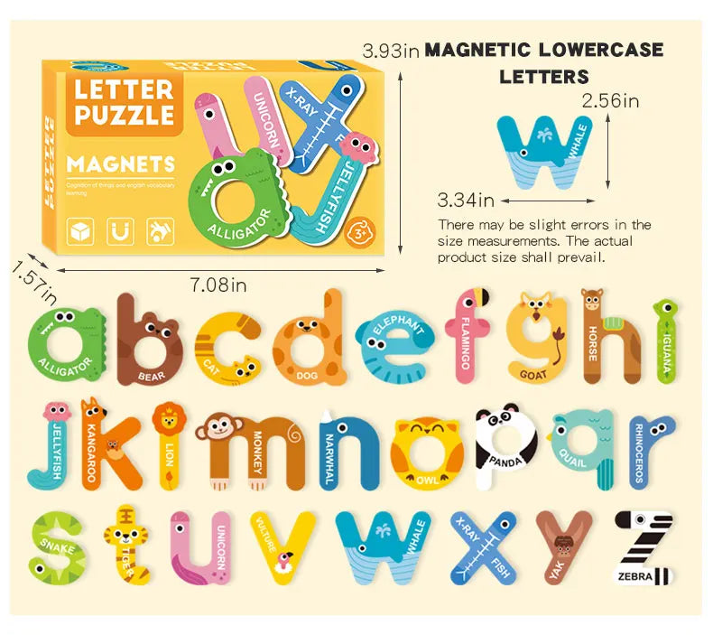 A set of magnetic letters and numbers puzzle featuring alphabet letters and numbers in various colors and shapes.