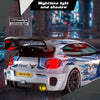 A white RC drift car with LED headlights and taillights is shown in a nighttime setting.