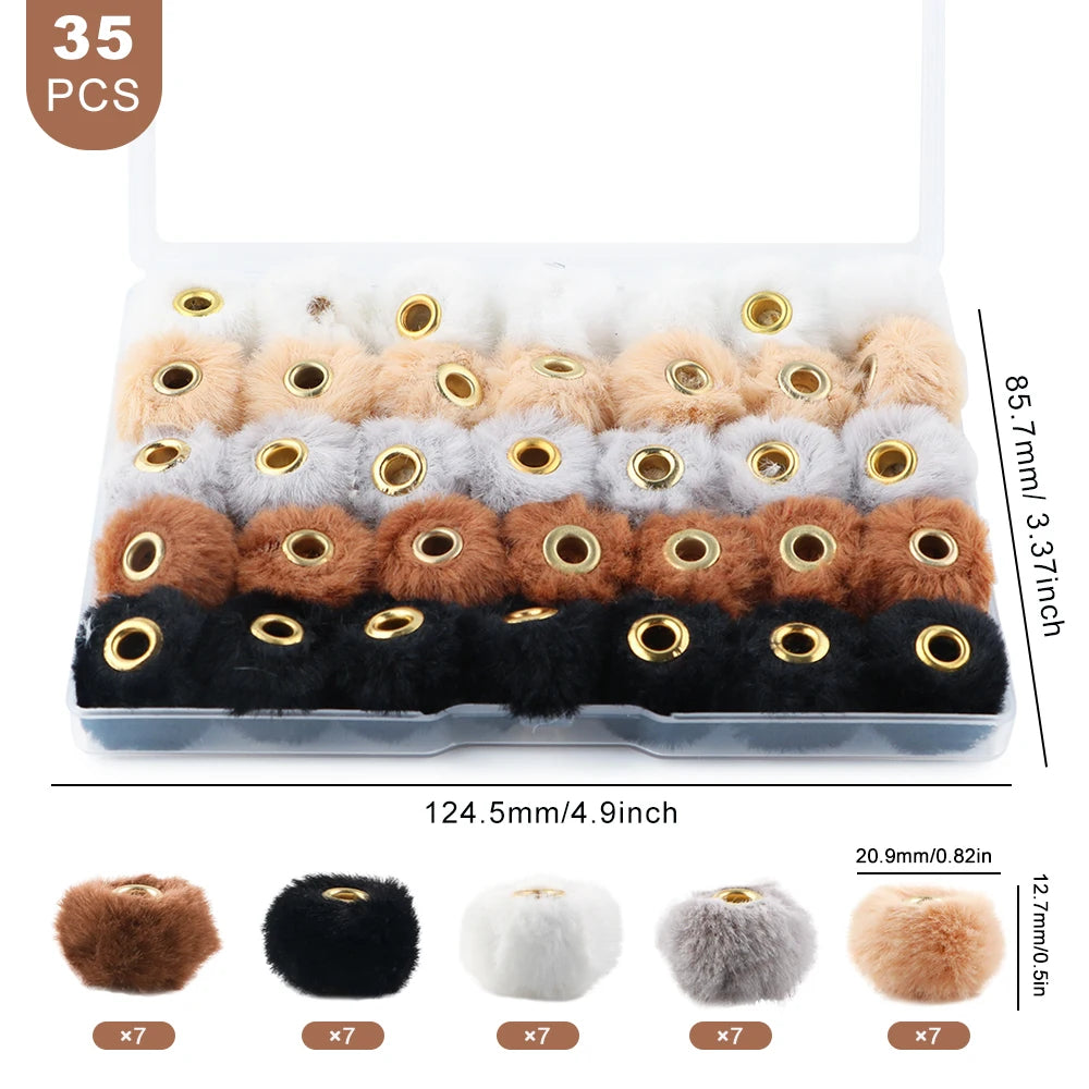 A pack of 35 plush fur pom pom beads in various colors like brown black white and gray for jewelry making