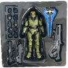 A 1/12 scale Master Chief action figure in green armor displayed in its packaging with accessories.