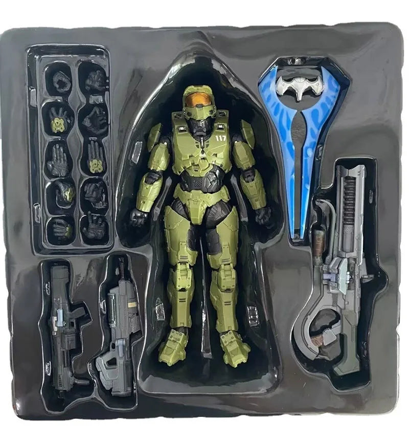 A 1/12 scale Master Chief action figure in green armor displayed in its packaging with accessories.