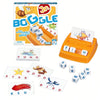 A box of Boggle dice game featuring yellow and orange components, including tiles for words like POND, STAR, RED, and BIRD.