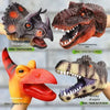 A collection of dinosaur hand puppets including Triceratops, Tyrannosaurus rex, and Pterosaurus.