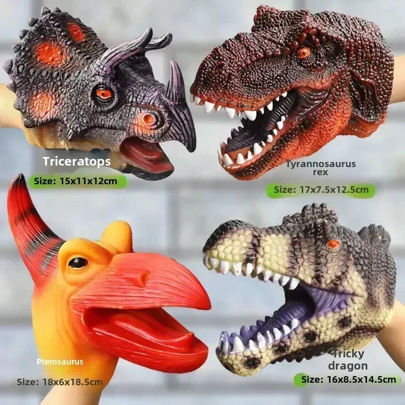 A collection of dinosaur hand puppets including Triceratops, Tyrannosaurus rex, and Pterosaurus.