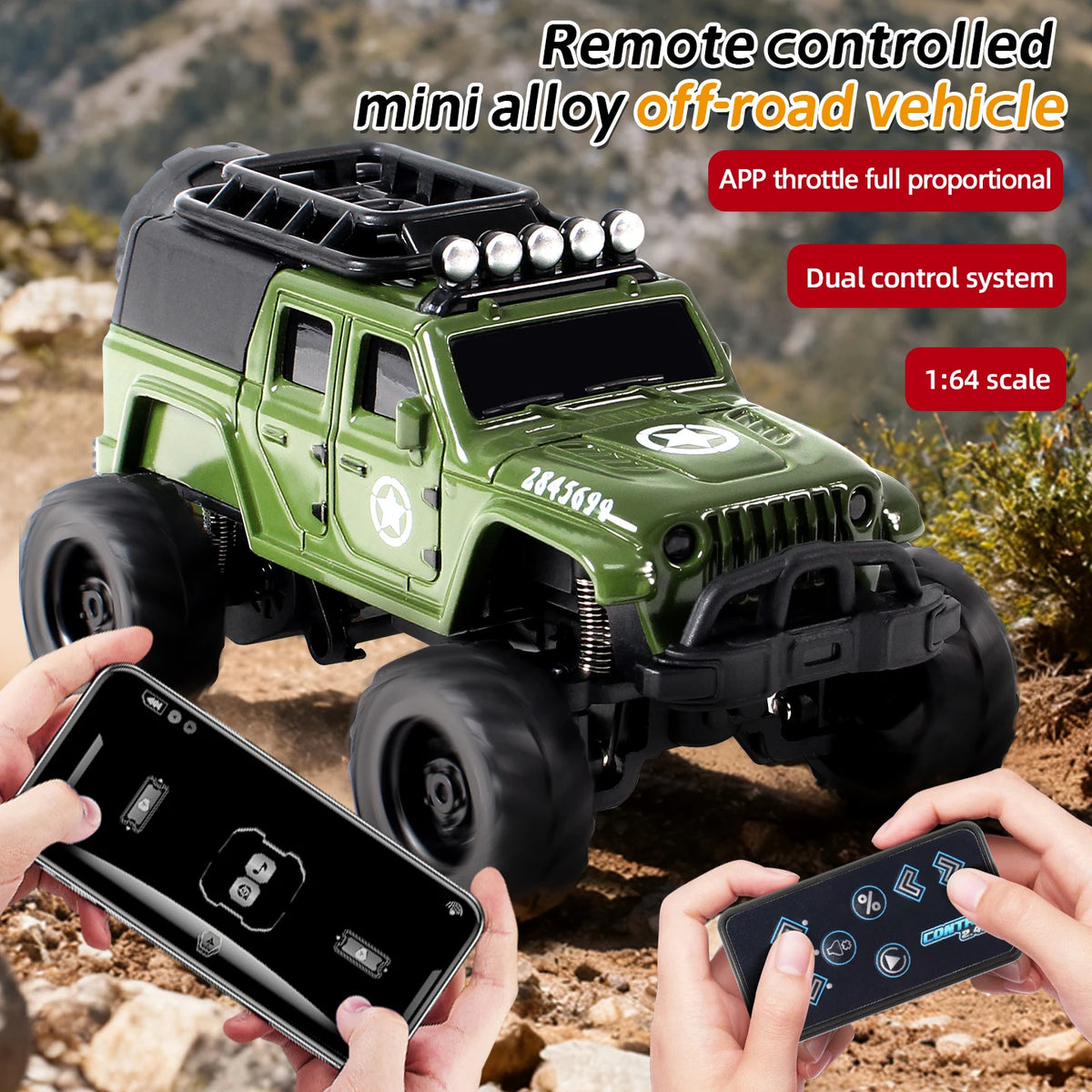 A green mini alloy off-road RC vehicle is shown with hands operating a smartphone for remote control.