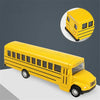 Yellow diecast 1:64 pull-back city bus toy with a detail view of the front.