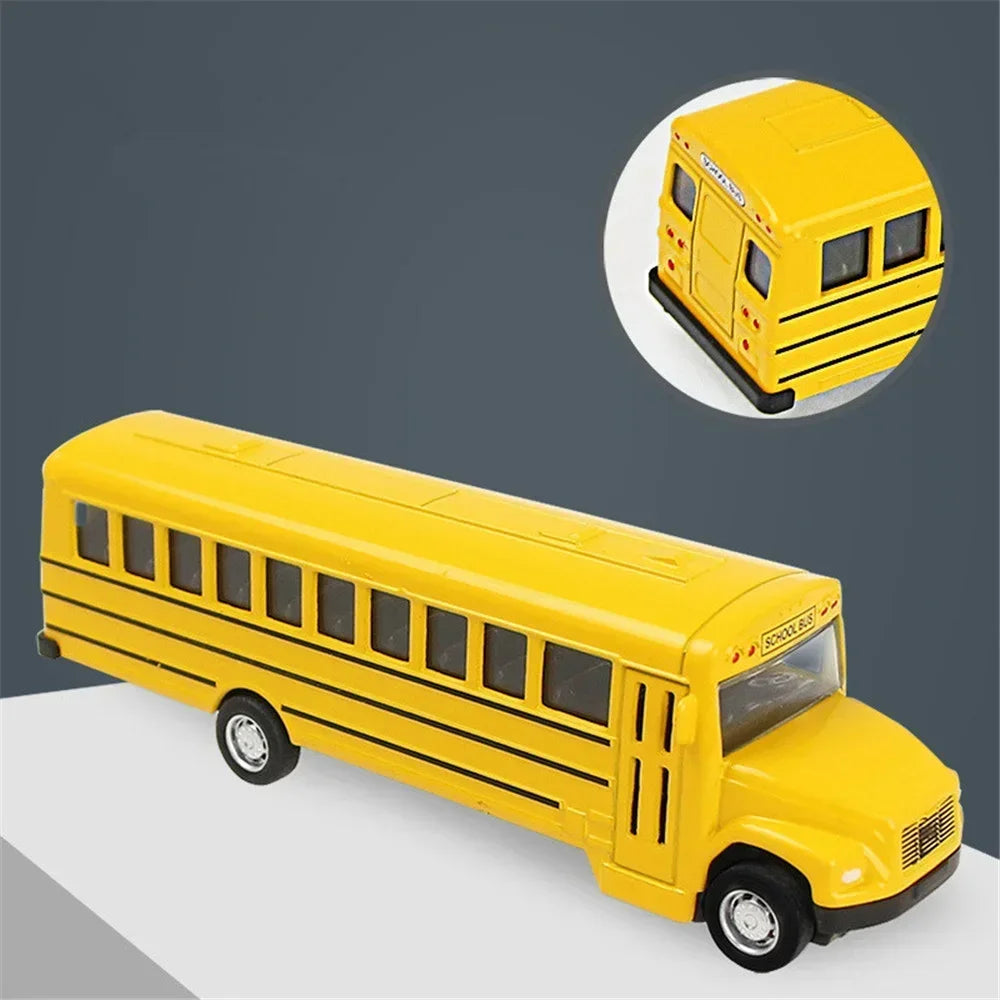 Yellow diecast 1:64 pull-back city bus toy with a detail view of the front.