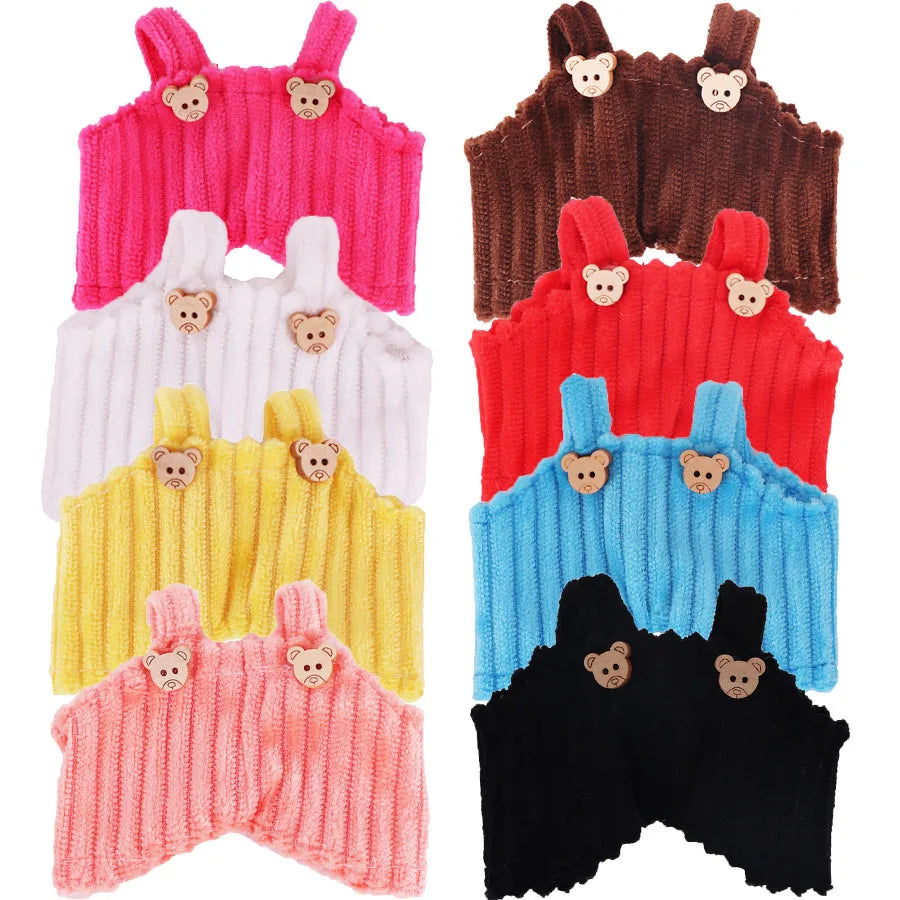 A set of colorful strap pants in pink, yellow, red, and blue for 17cm Labubu plush dolls