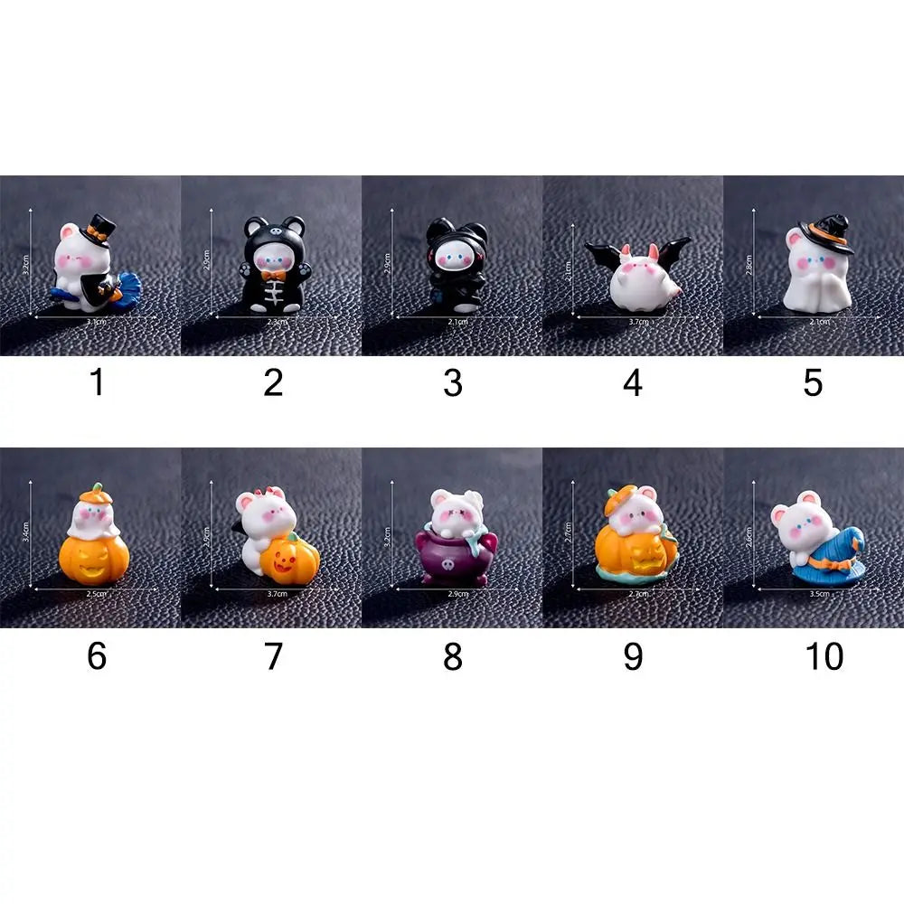Ten charming cartoon bear and pumpkin figurines in various colors and styles for Halloween or fairy garden displays.