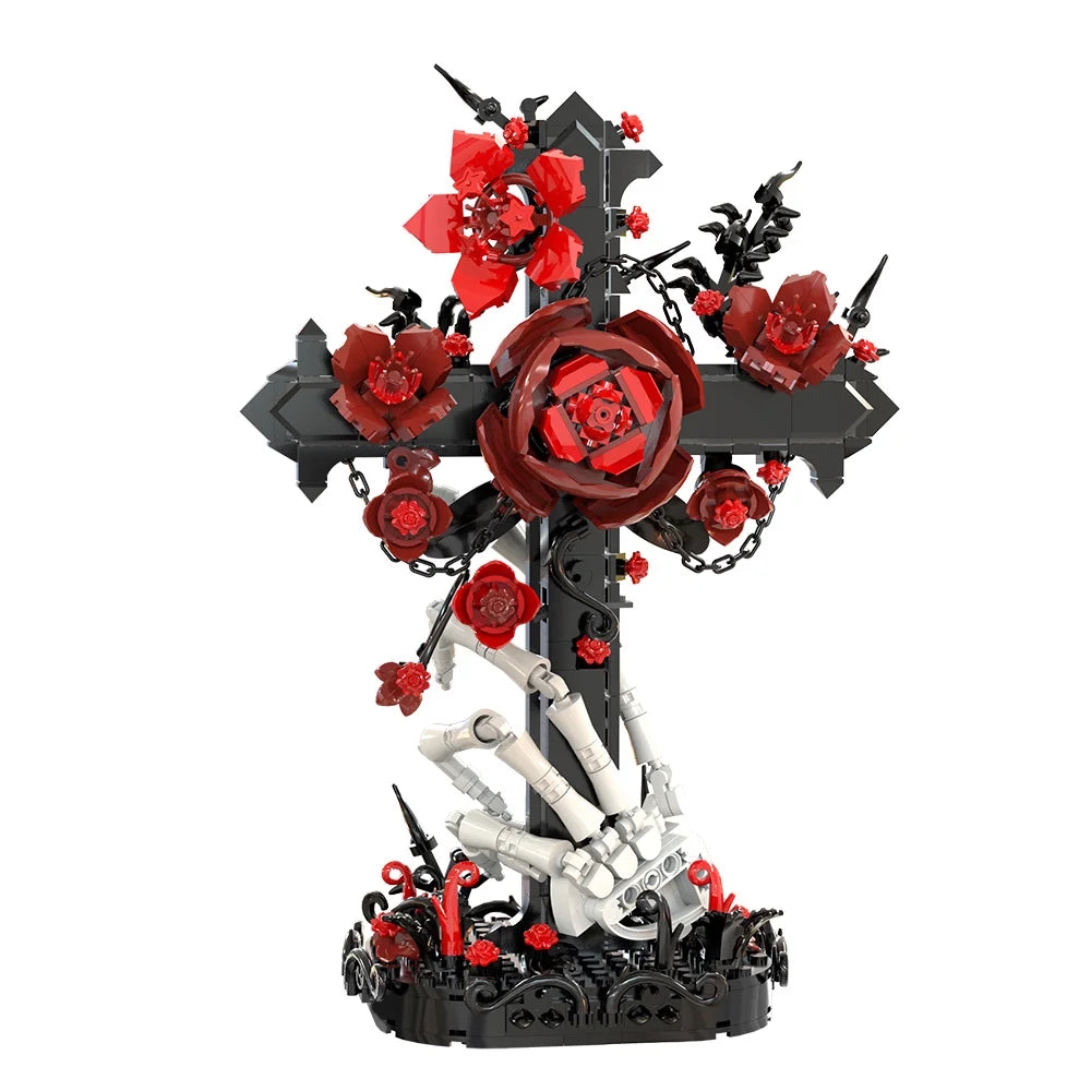 A black skeleton hand cross decoration featuring red roses and skulls, part of a building kit.