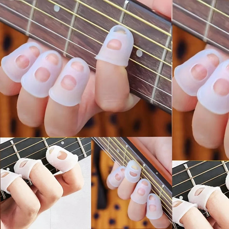 Close-up photos showing silicone guitar finger sleeves worn on fingers for practice and protection