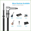 A professional instrument cable with a right-angle connector shown next to various musical devices like guitars, drums, and m