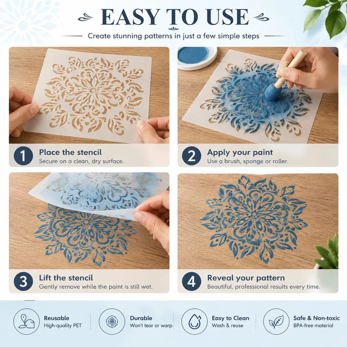Instructions for creating patterns using reusable mandala art stencils with paint on paper.