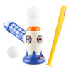 A white automatic baseball pitching machine with a blue bat and two white balls.