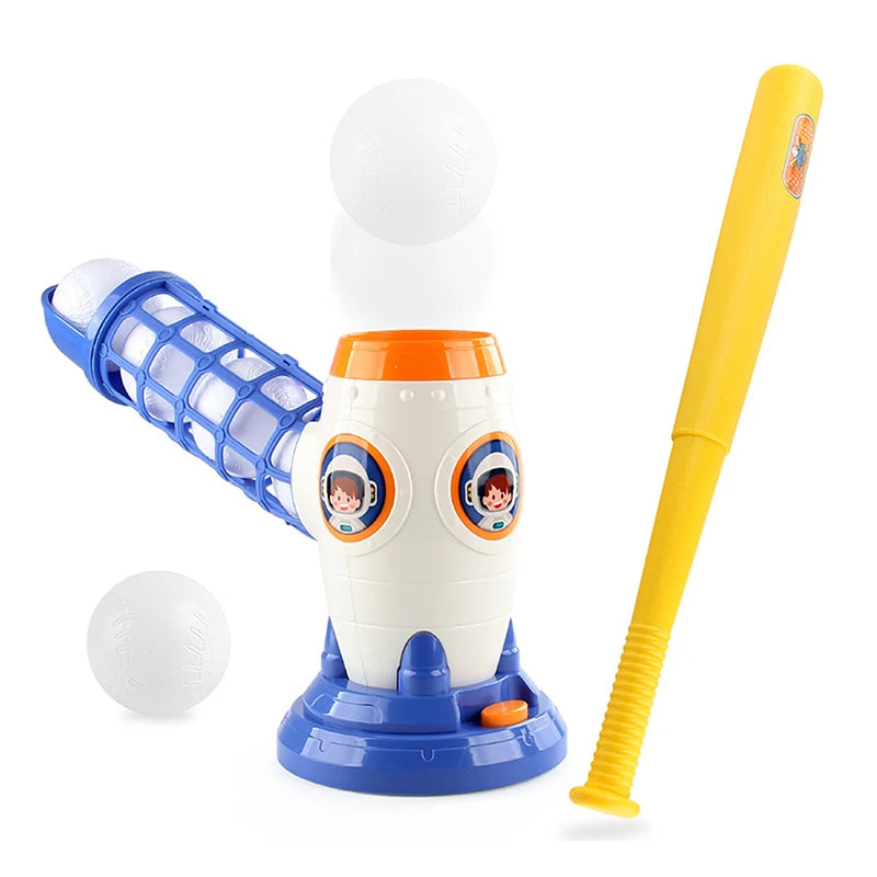 A white automatic baseball pitching machine with a blue bat and two white balls.