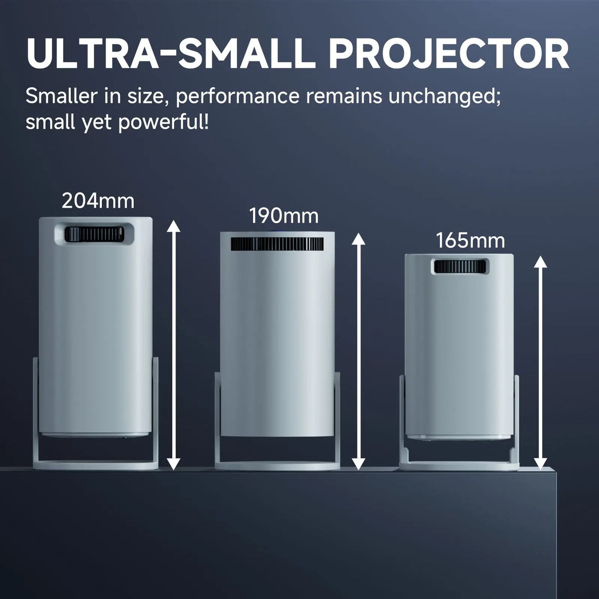 A side view of an ultra-small projector showing three models with dimensions 204mm, 190mm, and 165mm.