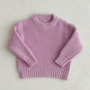 A light purple knit baby pullover sweater with a crew neck and ribbed cuffs, displayed flat.