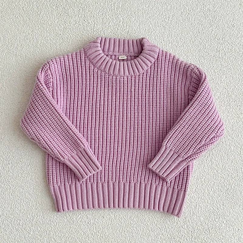 A light purple knit baby pullover sweater with a crew neck and ribbed cuffs, displayed flat.